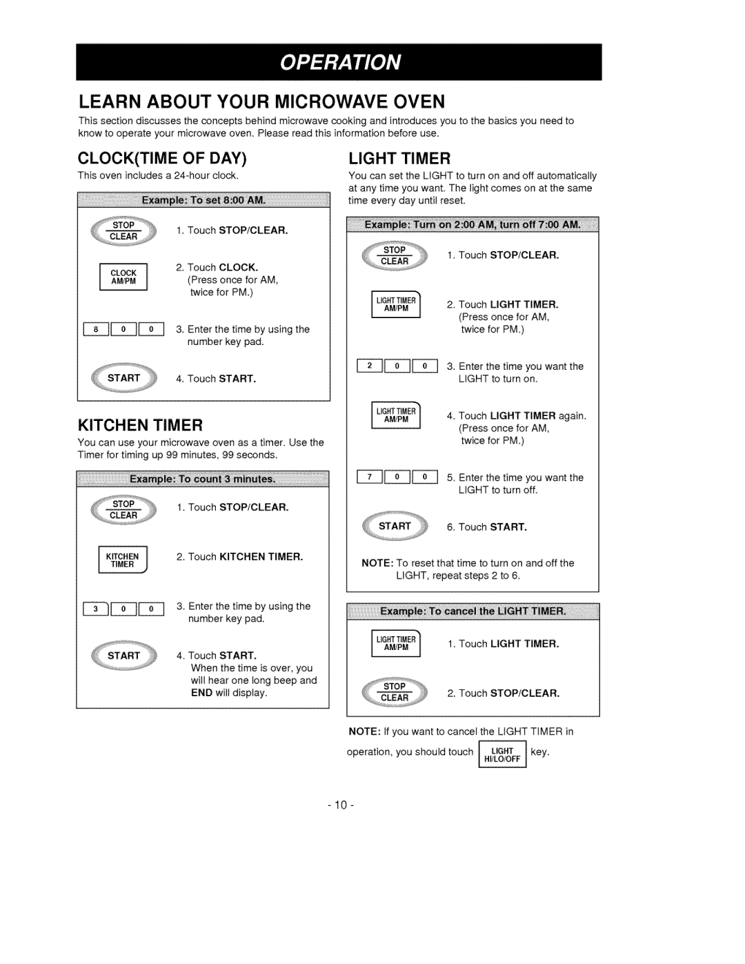 Goldstar MV-1525W, MV-1525B owner manual Clocktime of DAY, Kitchen Timer, Light Timer 