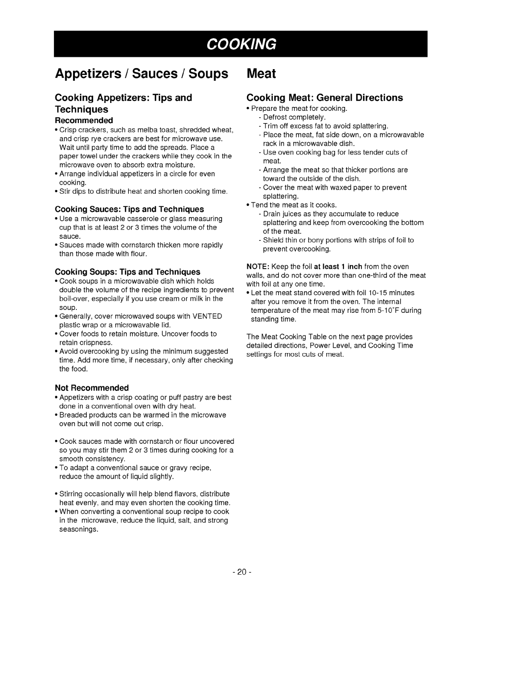 Goldstar MV-1525W, MV-1525B owner manual Cooking Appetizers Tips and Techniques, Cooking Meat General Directions 
