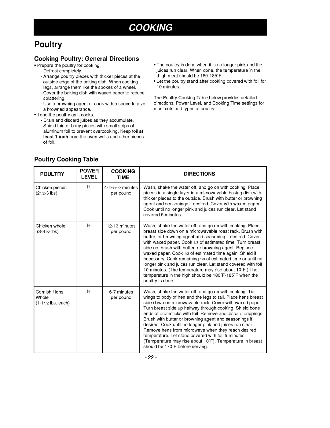 Goldstar MV-1525W, MV-1525B owner manual Cooking Poultry General Directions, Power, Cooking Time 