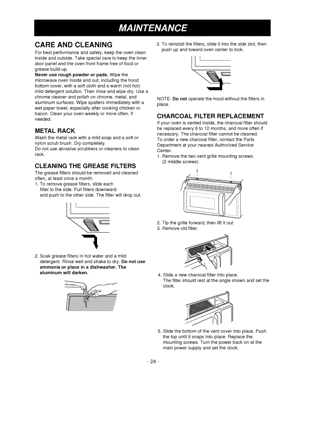 Goldstar MV-1525W, MV-1525B Care and Cleaning, Metal Rack, Cleaning the Grease Filters, Charcoal Filter Replacement 