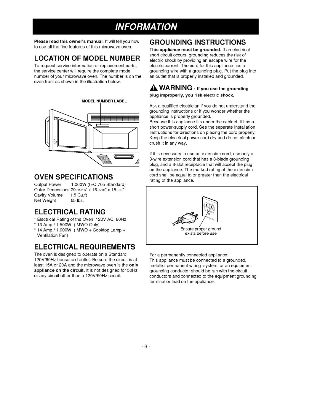 Goldstar MV-1525W, MV-1525B Location of Model Number, Oven Specifications, Grounding Instructions, Model Number Label 