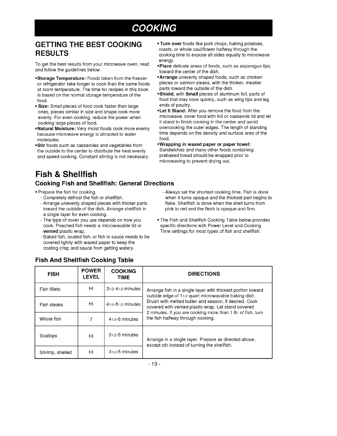 Goldstar MV-1525B Fish & Shellfish, Getting The Best Cooking Results, Fish And Shellfish Cooking Table, 41/2-51/2minutes 