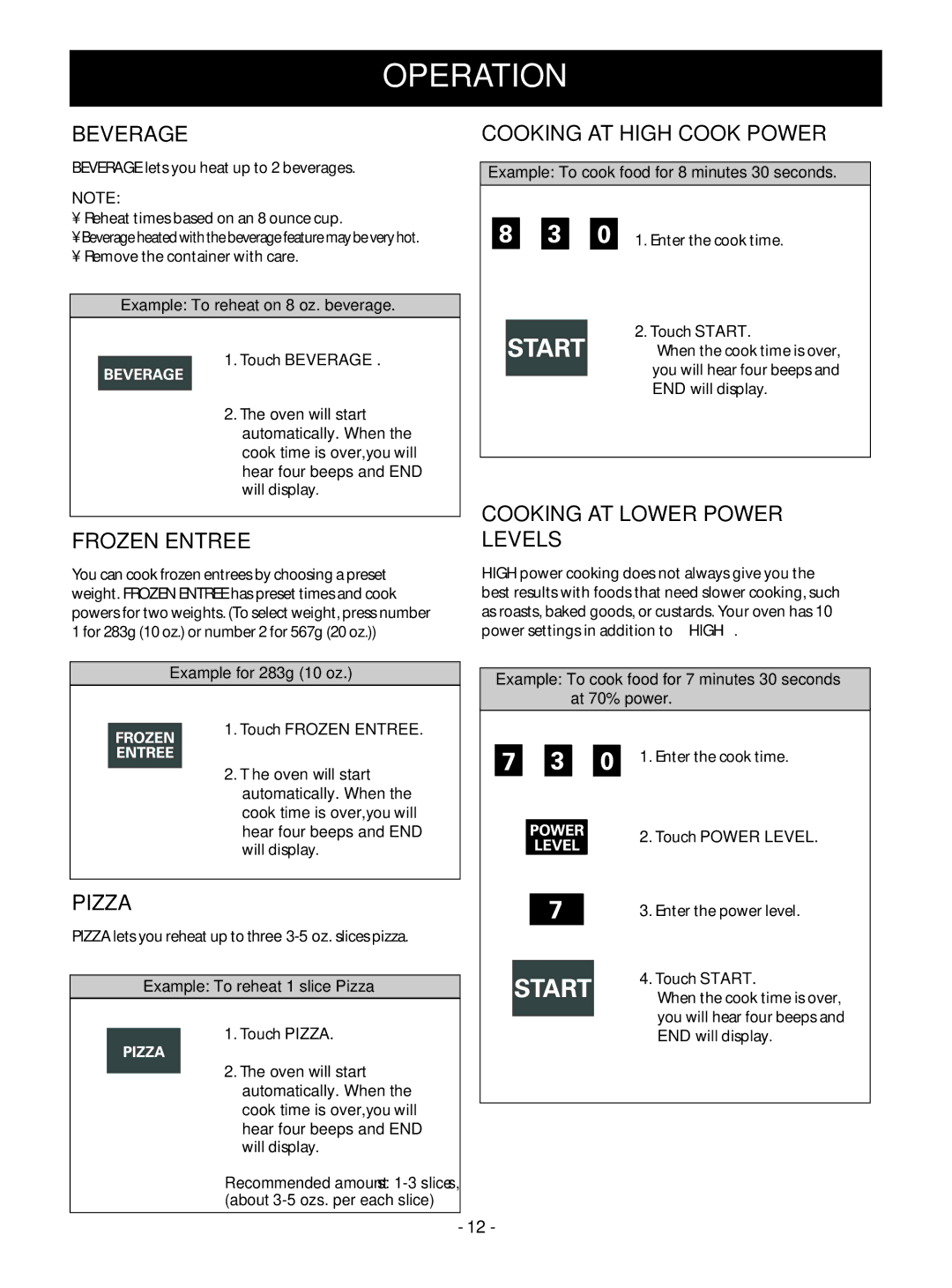 Goldstar MV1610BB, MV1610WW Beverage, Frozen Entree, Pizza, Cooking AT High Cook Power, Cooking AT Lower Power Levels 