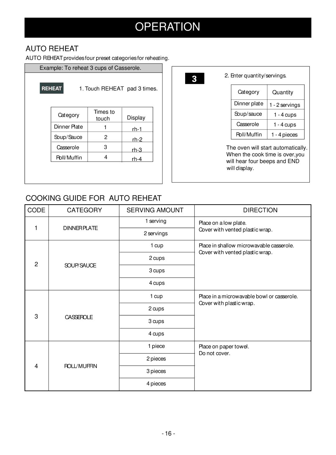 Goldstar MV1610BB, MV1610WW owner manual Cooking Guide for Auto Reheat, Code Category Serving Amount Direction 