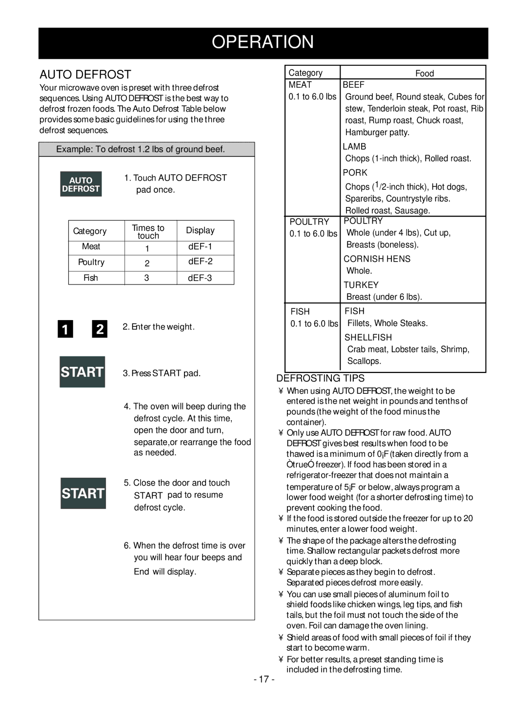 Goldstar MV1610WW, MV1610BB owner manual Auto Defrost, Defrosting Tips, Example To defrost 1.2 lbs of ground beef 