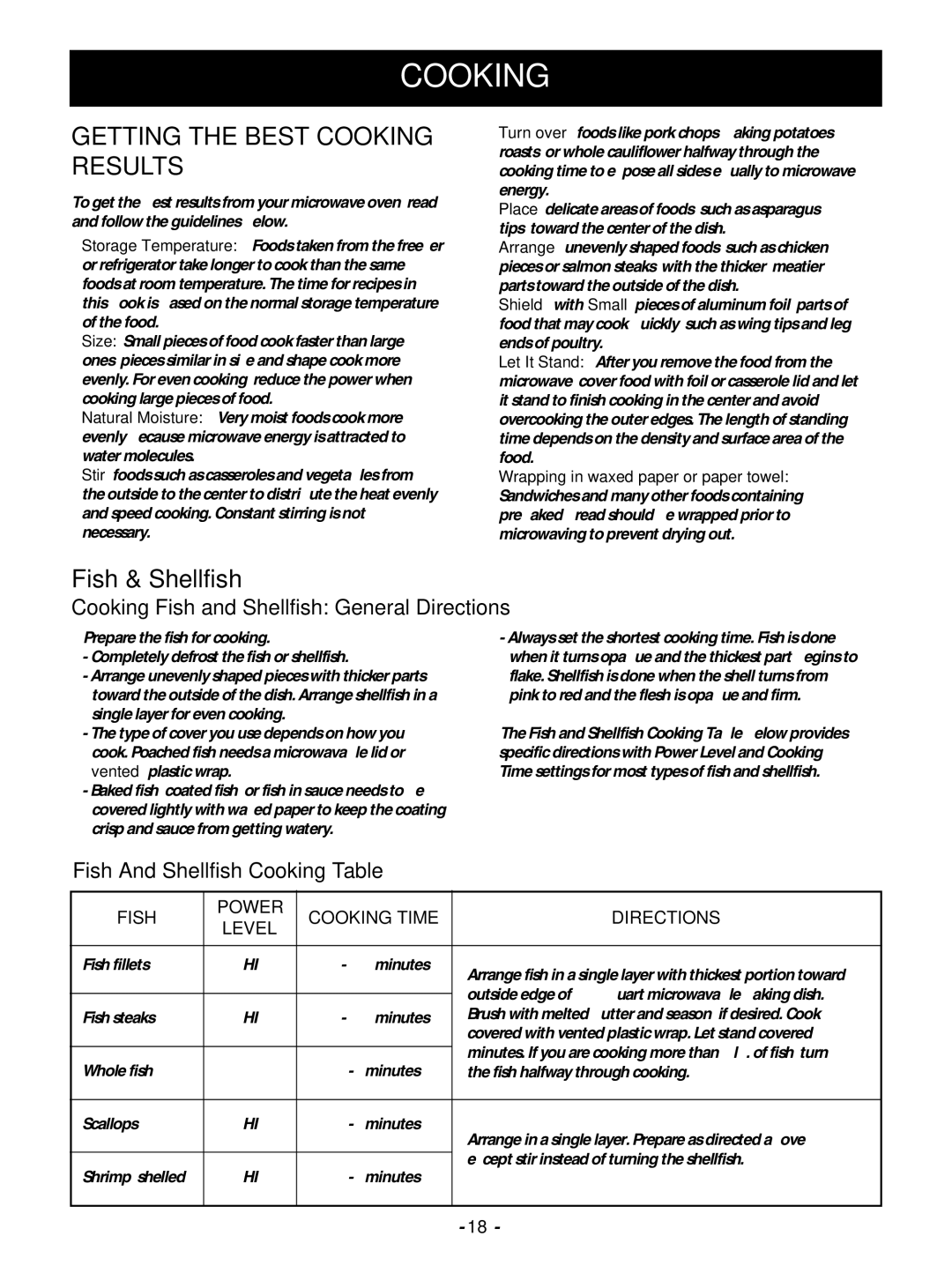 Goldstar MV1610BB, MV1610WW owner manual Getting the Best Cooking Results, Cooking Fish and Shellfish General Directions 