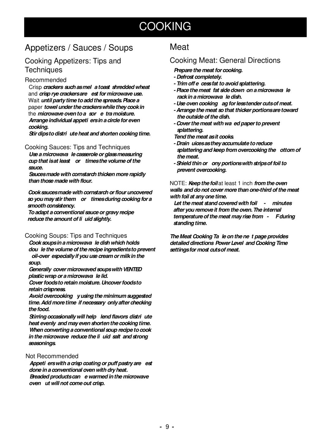 Goldstar MV1610WW, MV1610BB owner manual Cooking Appetizers Tips and Techniques, Cooking Meat General Directions 