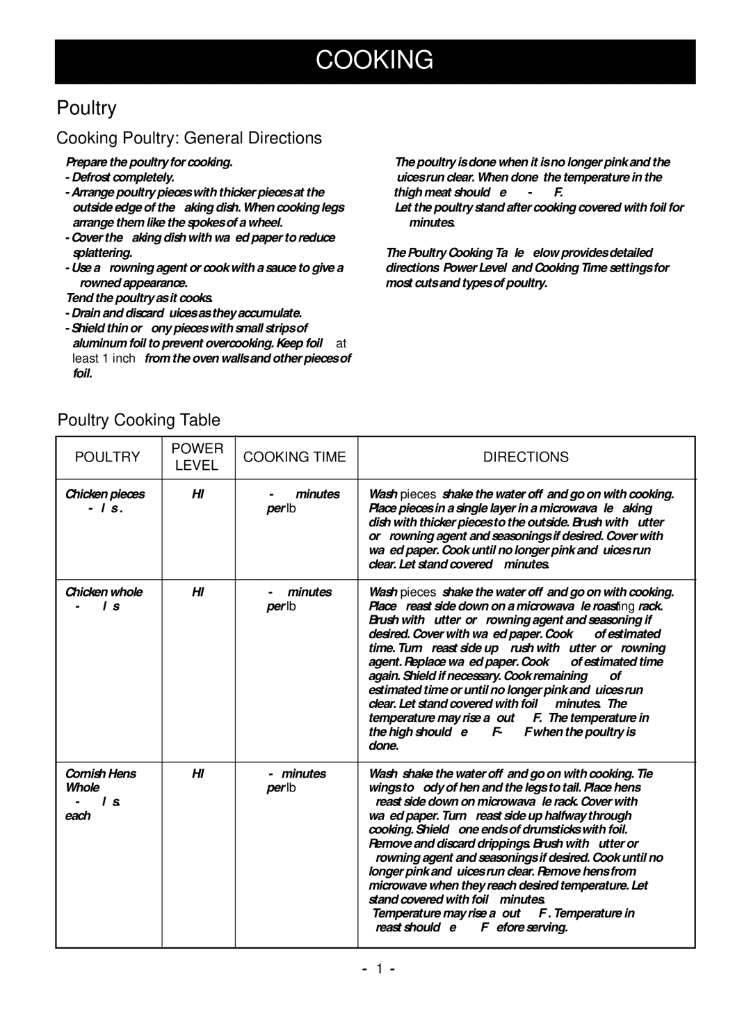 Goldstar MV1610WW Cooking Poultry General Directions, Poultry Cooking Table, Poultry Power Cooking Time Directions Level 