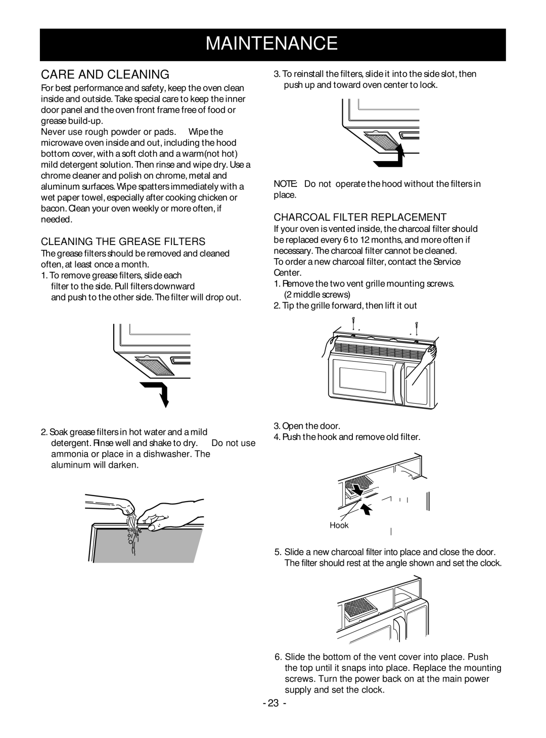 Goldstar MV1610WW, MV1610BB Maintenance, Care and Cleaning, Cleaning the Grease Filters, Charcoal Filter Replacement 