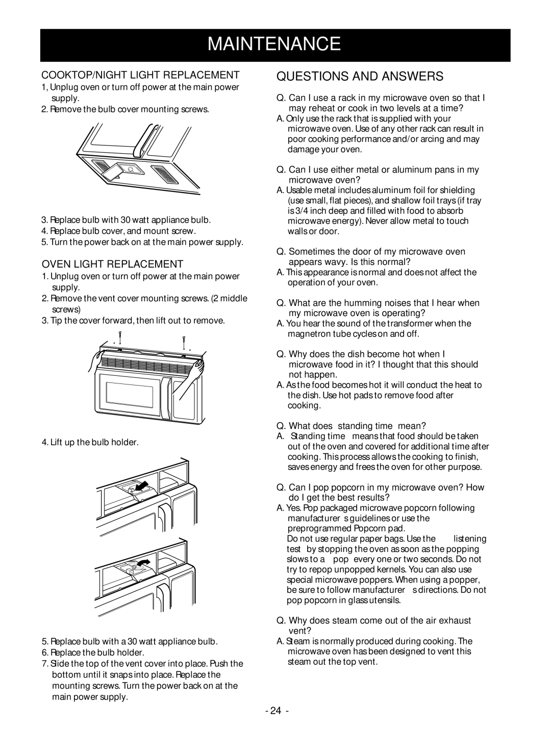 Goldstar MV1610BB, MV1610WW owner manual Questions and Answers, COOKTOP/NIGHT Light Replacement, Oven Light Replacement 