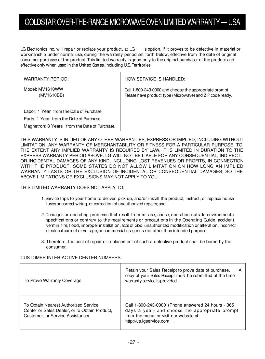 Goldstar Model MV1610WW MV1610BB, Retain your Sales Receipt to prove date of purchase. a, To Prove Warranty Coverage 