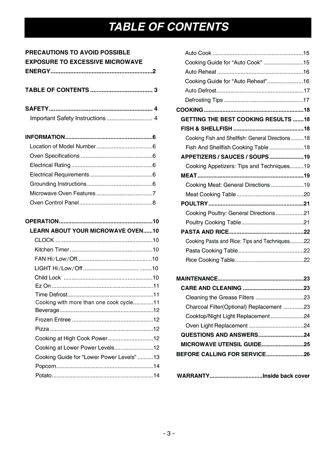 Goldstar MV1610WW, MV1610BB owner manual Table of Contents 