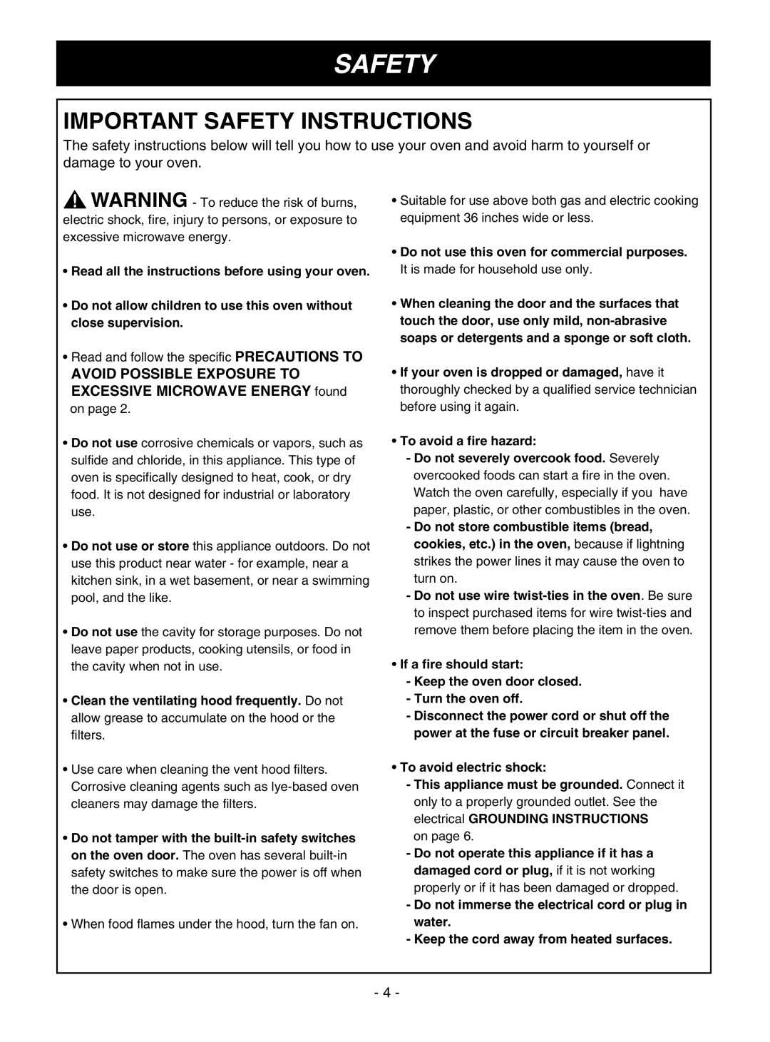 Goldstar MV1610BB, MV1610WW owner manual Important Safety Instructions 