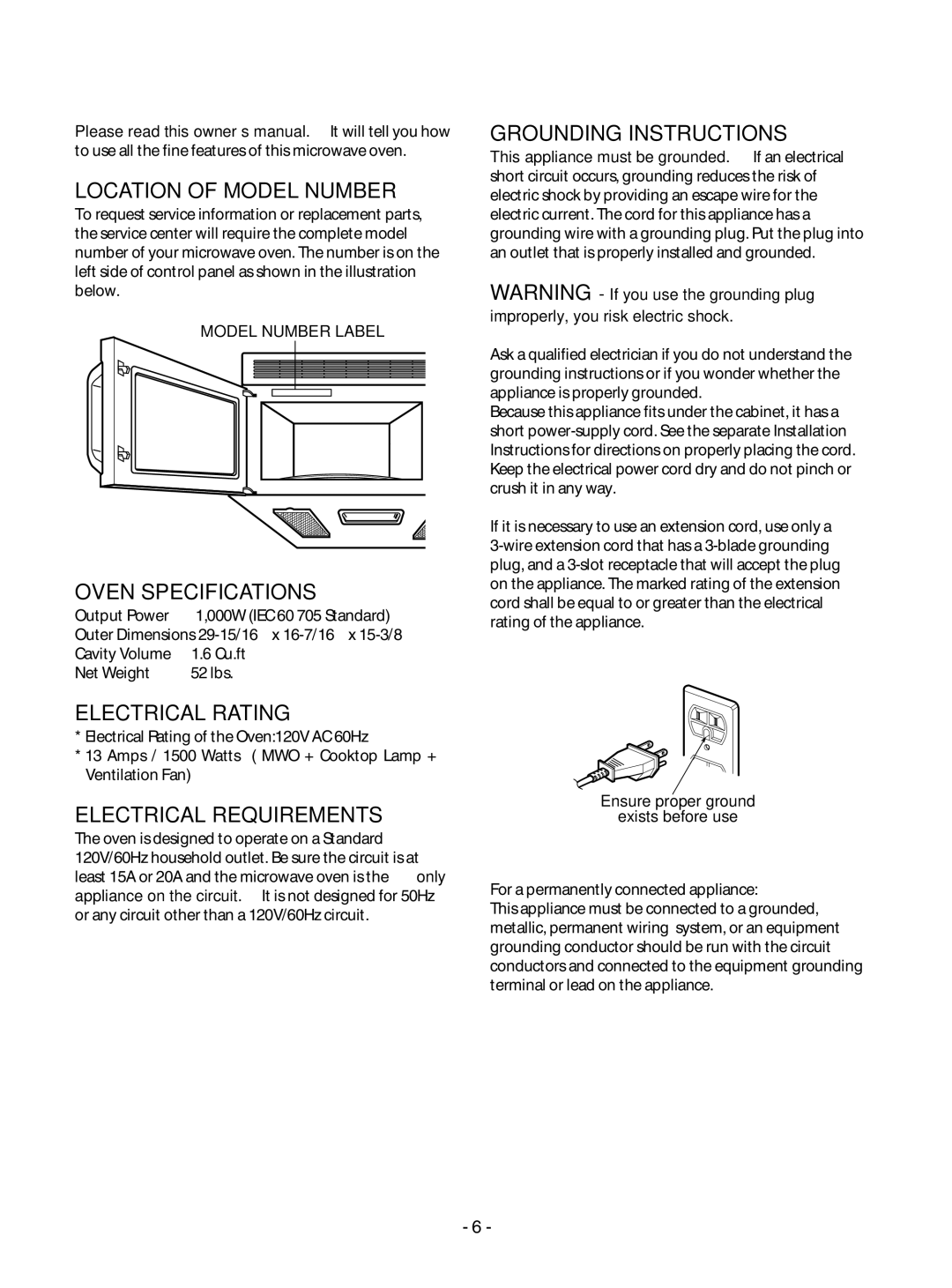 Goldstar MV1610BB, MV1610WW owner manual Information 