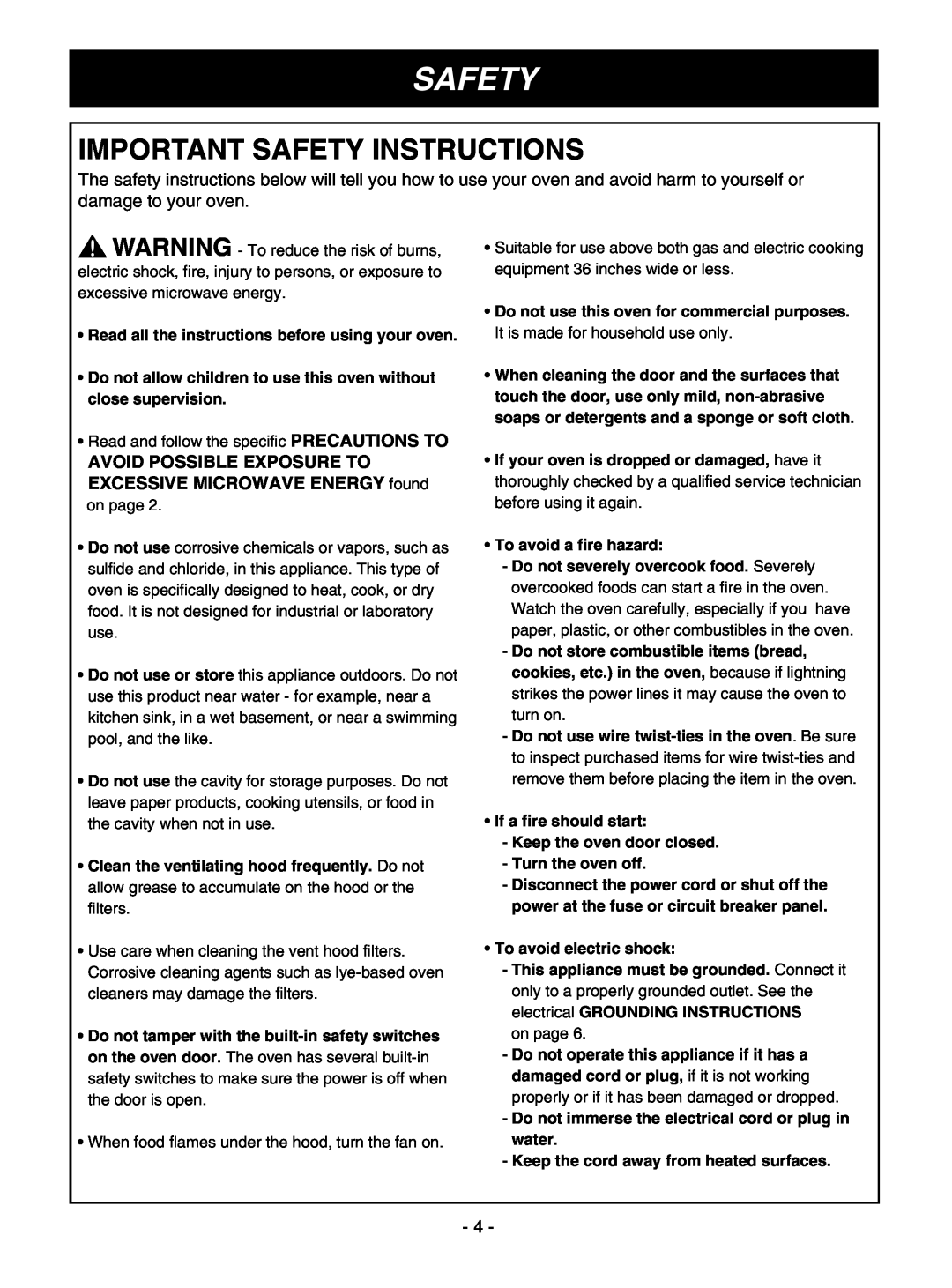 Goldstar MV1610BB, MV1610WW owner manual Important Safety Instructions 