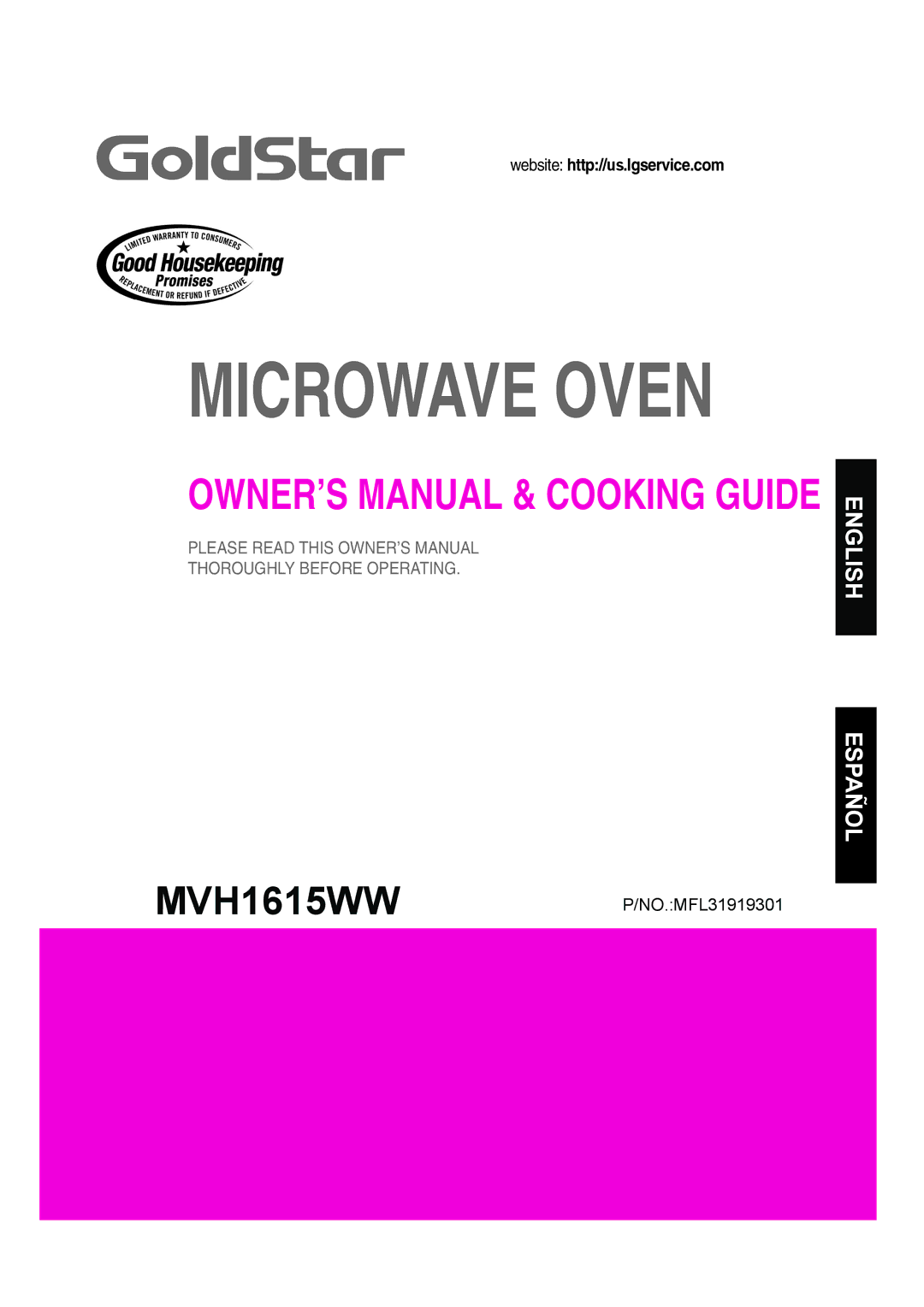 Goldstar MVH1615WW owner manual Microwave Oven 