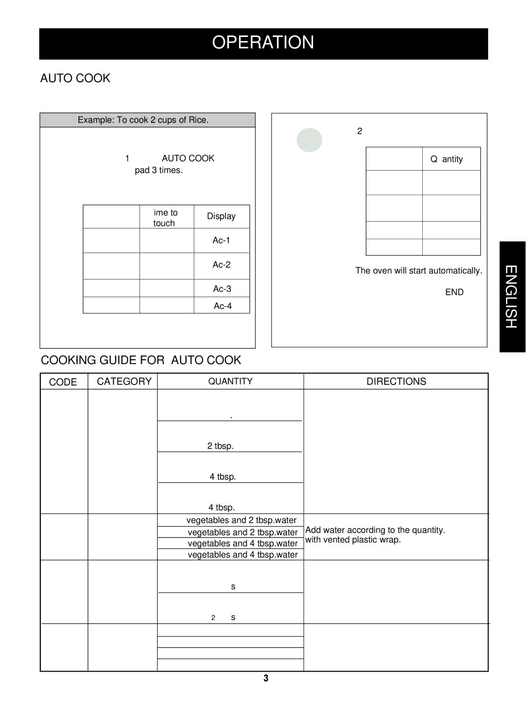 Goldstar MVH1615WW owner manual Cooking Guide for Auto Cook, Code Category, Directions 