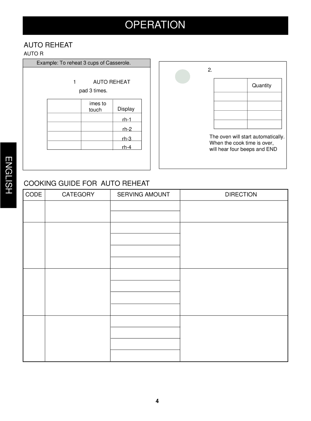 Goldstar MVH1615WW owner manual Cooking Guide for Auto Reheat, Code Category Serving Amount Direction 