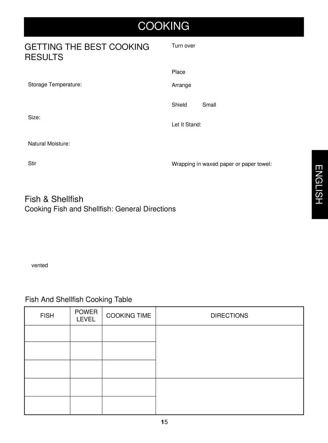 Goldstar MVH1615WW Getting the Best Cooking Results, Fish & Shellfish, Cooking Fish and Shellfish General Directions 