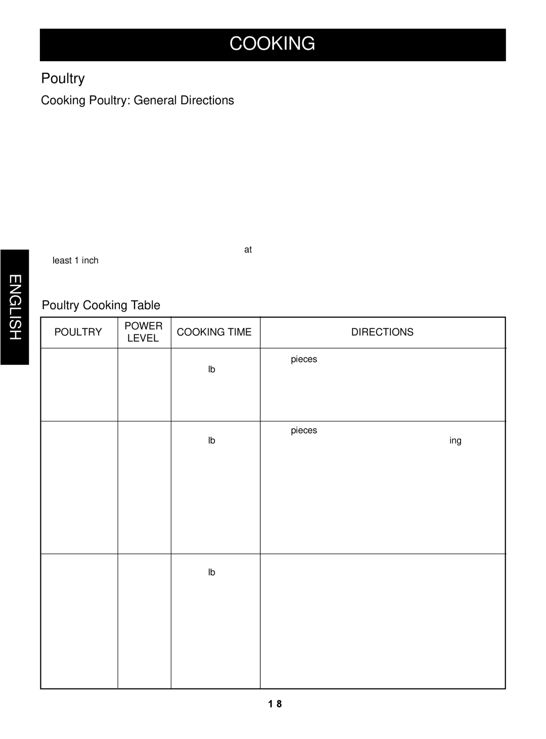 Goldstar MVH1615WW owner manual Cooking Poultry General Directions, Poultry Cooking Table 