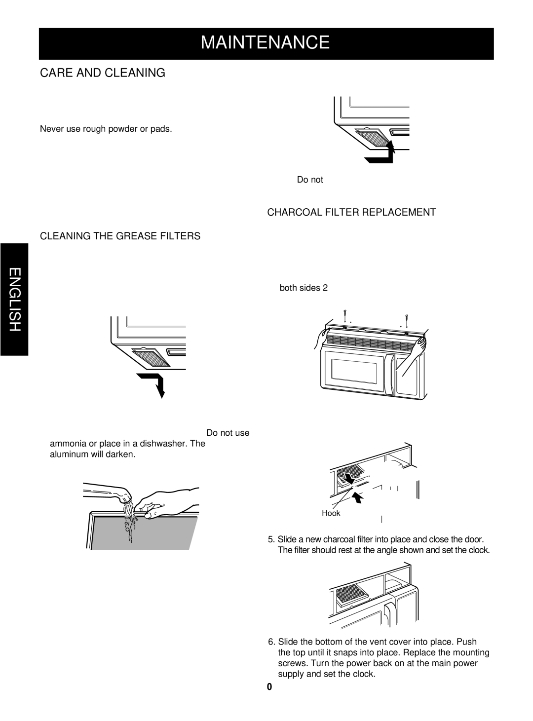 Goldstar MVH1615WW owner manual Maintenance, Care and Cleaning, Cleaning the Grease Filters, Charcoal Filter Replacement 