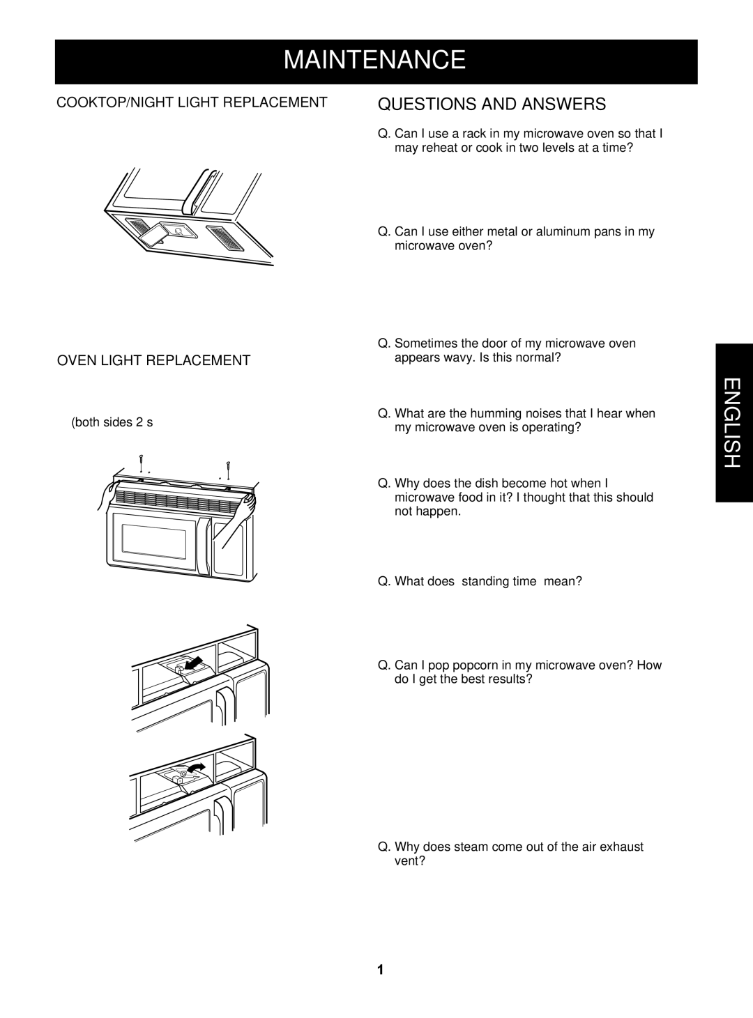 Goldstar MVH1615WW owner manual Questions and Answers, COOKTOP/NIGHT Light Replacement, Oven Light Replacement 