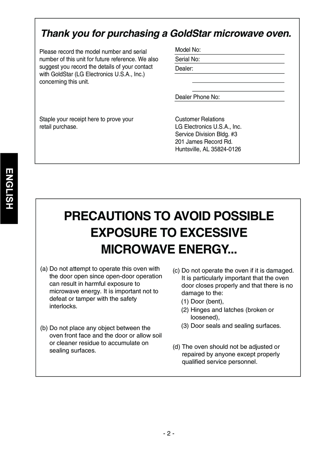 Goldstar MVH1615WW owner manual English, Precautions To Avoid Possible, Exposure To Excessive Microwave Energy 