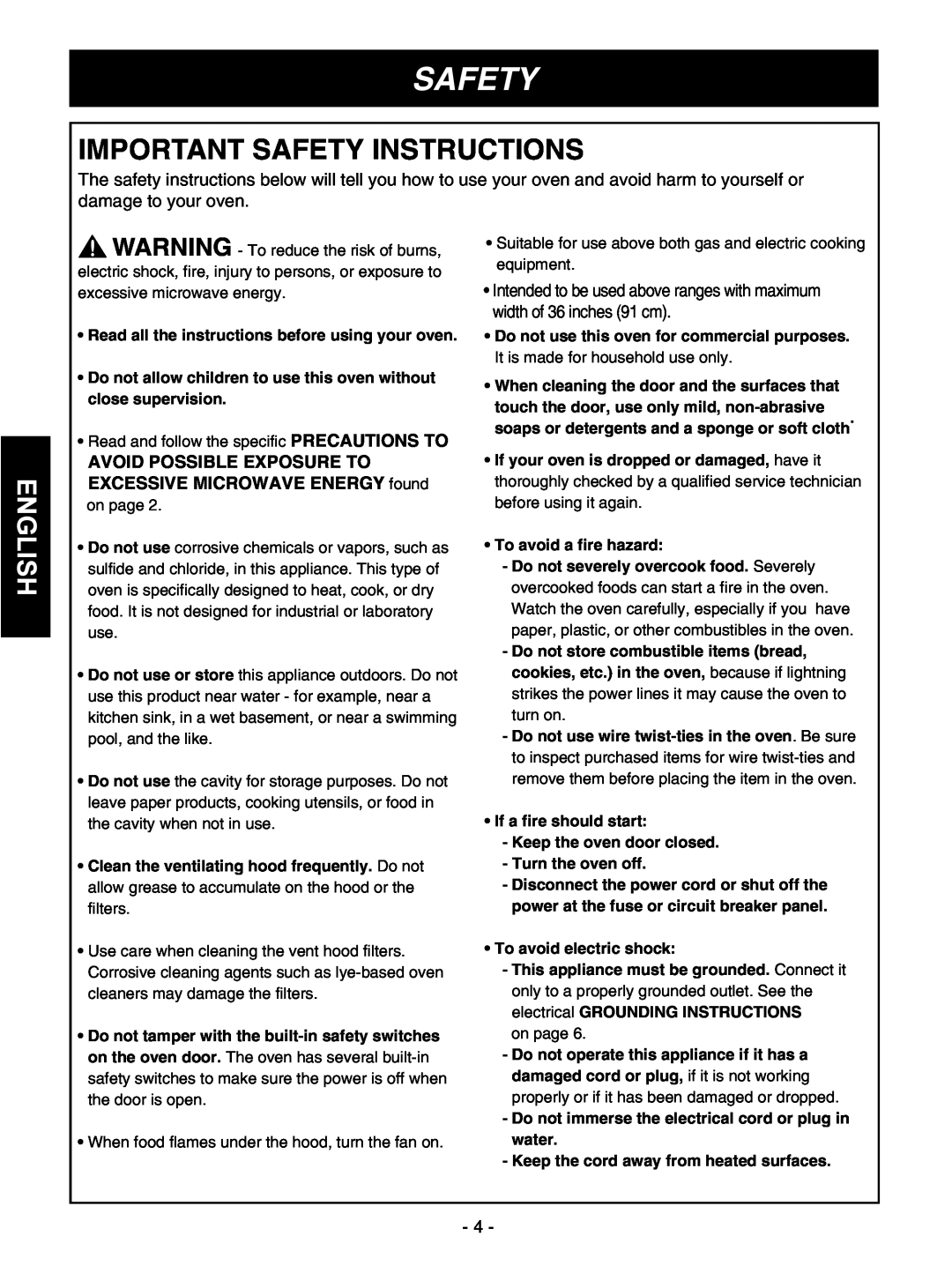 Goldstar MVH1615WW owner manual Important Safety Instructions, English 