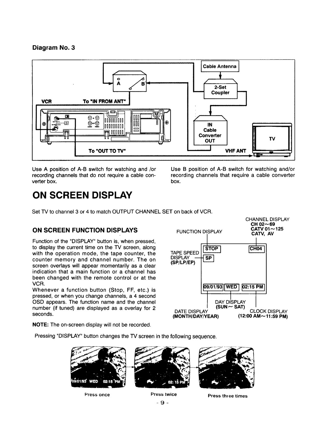 Goldstar R-E21M owner manual On Screen Display, On Screen Function Displays, VCR To in from ANT, Catv AV 