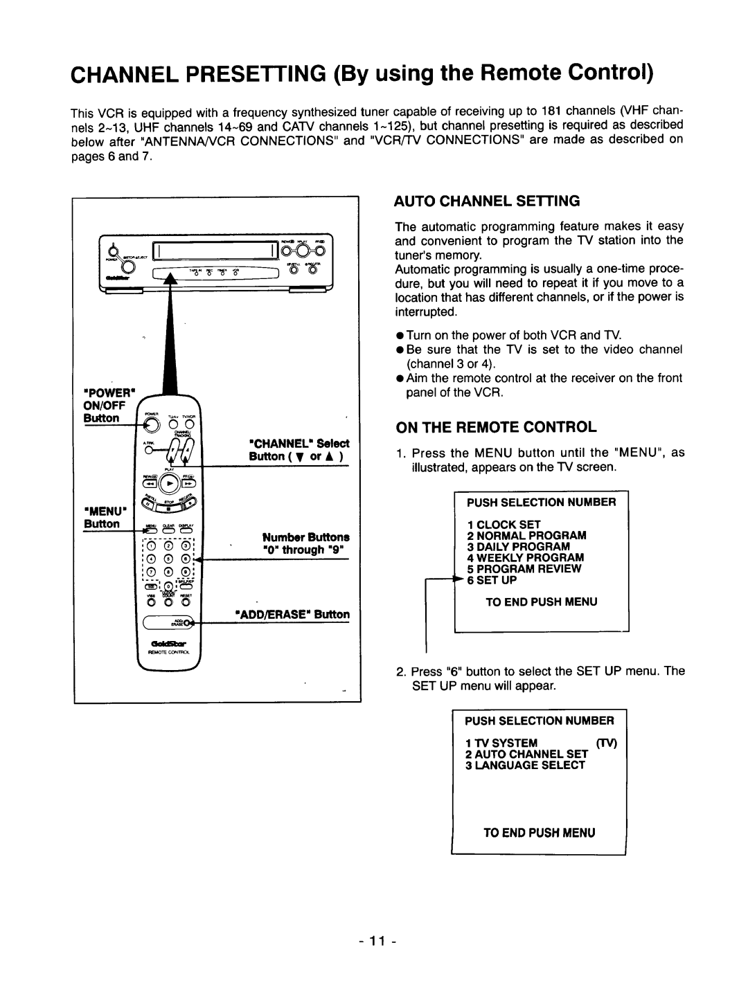 Goldstar R-E21M owner manual Auto Channel Setting, On the Remote Control, To END Push Menu 