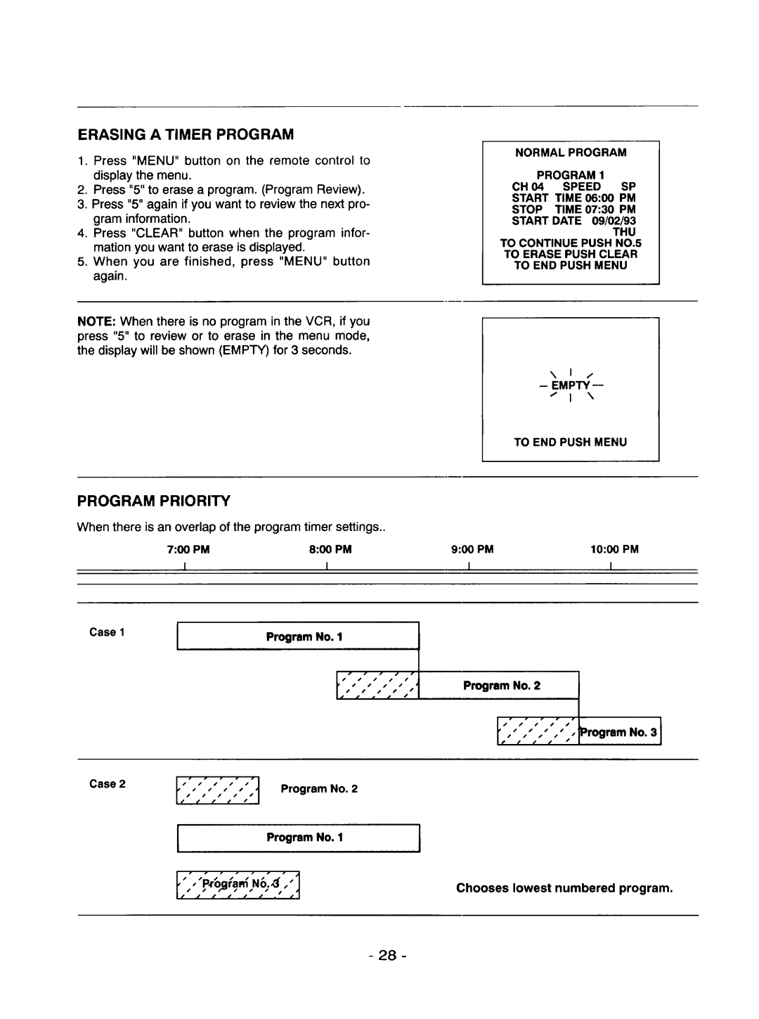 Goldstar R-E21M owner manual Erasing a Timer Program, Program Priority 