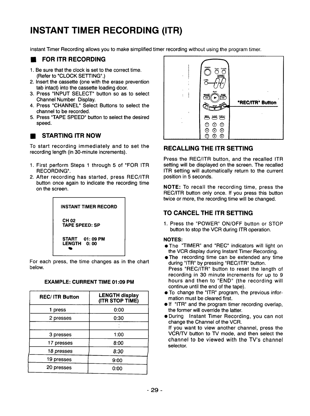 Goldstar R-E21M owner manual Instant Timer Recording ITR, For ITR Recording, Starting ITR NOW, To Cancel the ITR Setting 