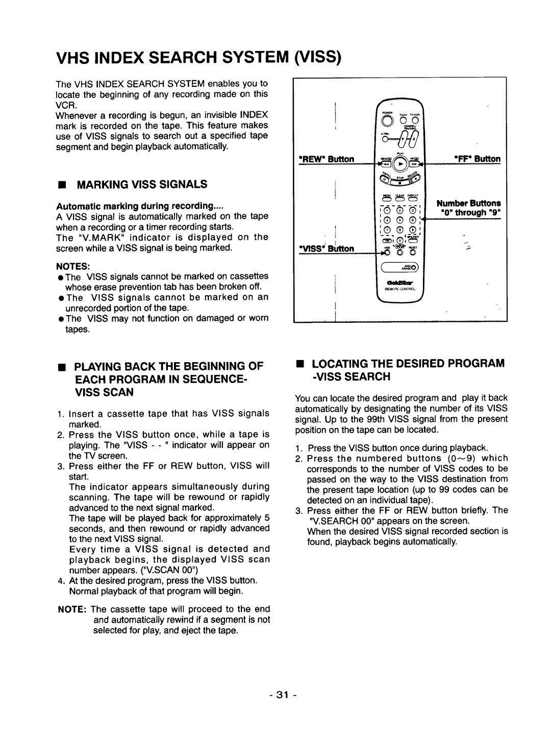 Goldstar R-E21M VHS Index Search System Viss, Marking, REW Button, Whose erase prevention tab has been broken off 