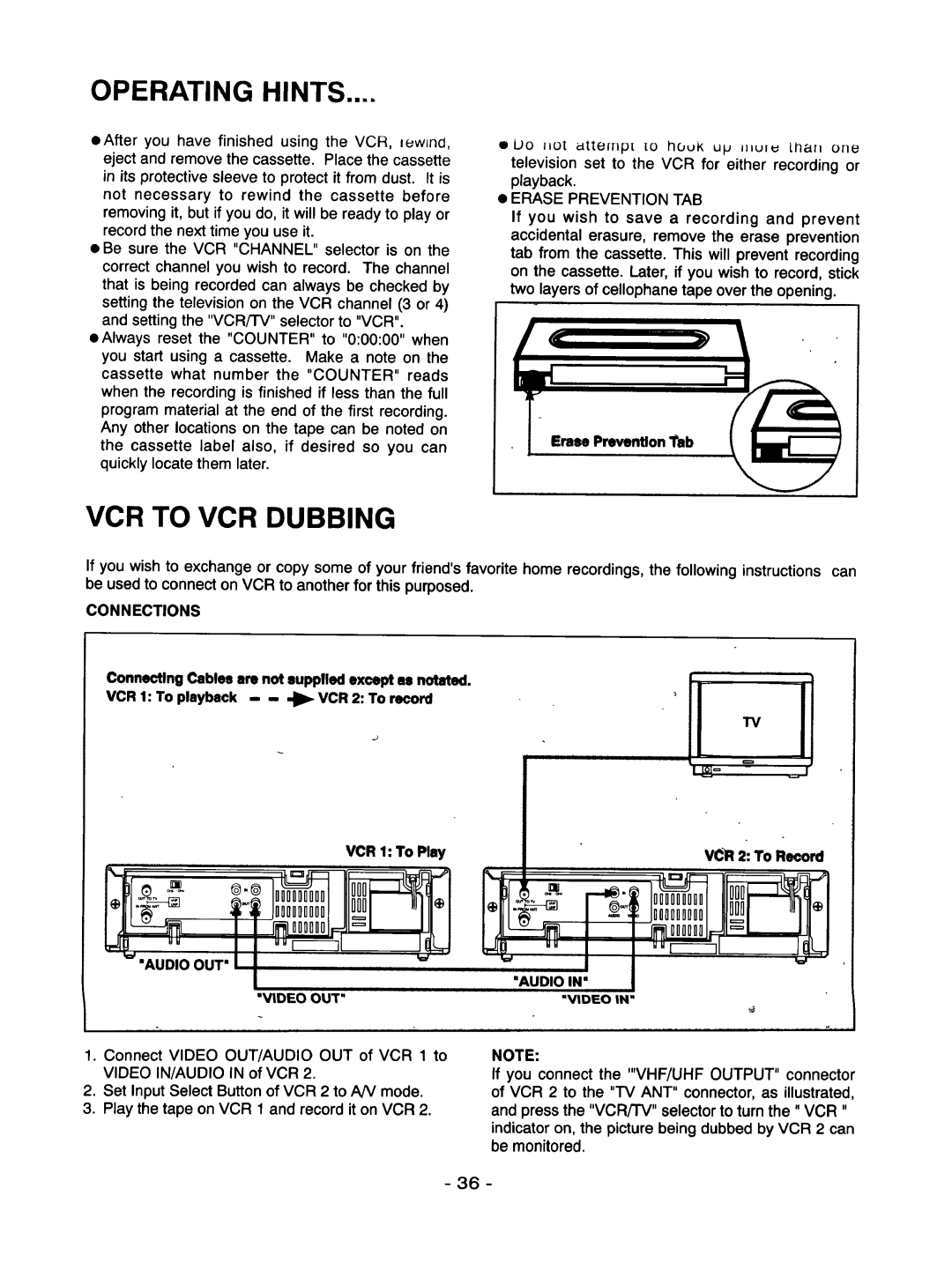 Goldstar R-E21M Operating Hints, VCR to VCR Dubbing, Erase Preventlon Tab, Connections, VCR 1 To Play VCR 2 To Record 