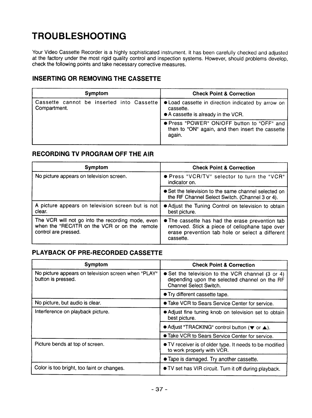 Goldstar R-E21M owner manual Troubleshooting, Inserting or Removing the Cassette, Recording TV Program OFF the AIR 