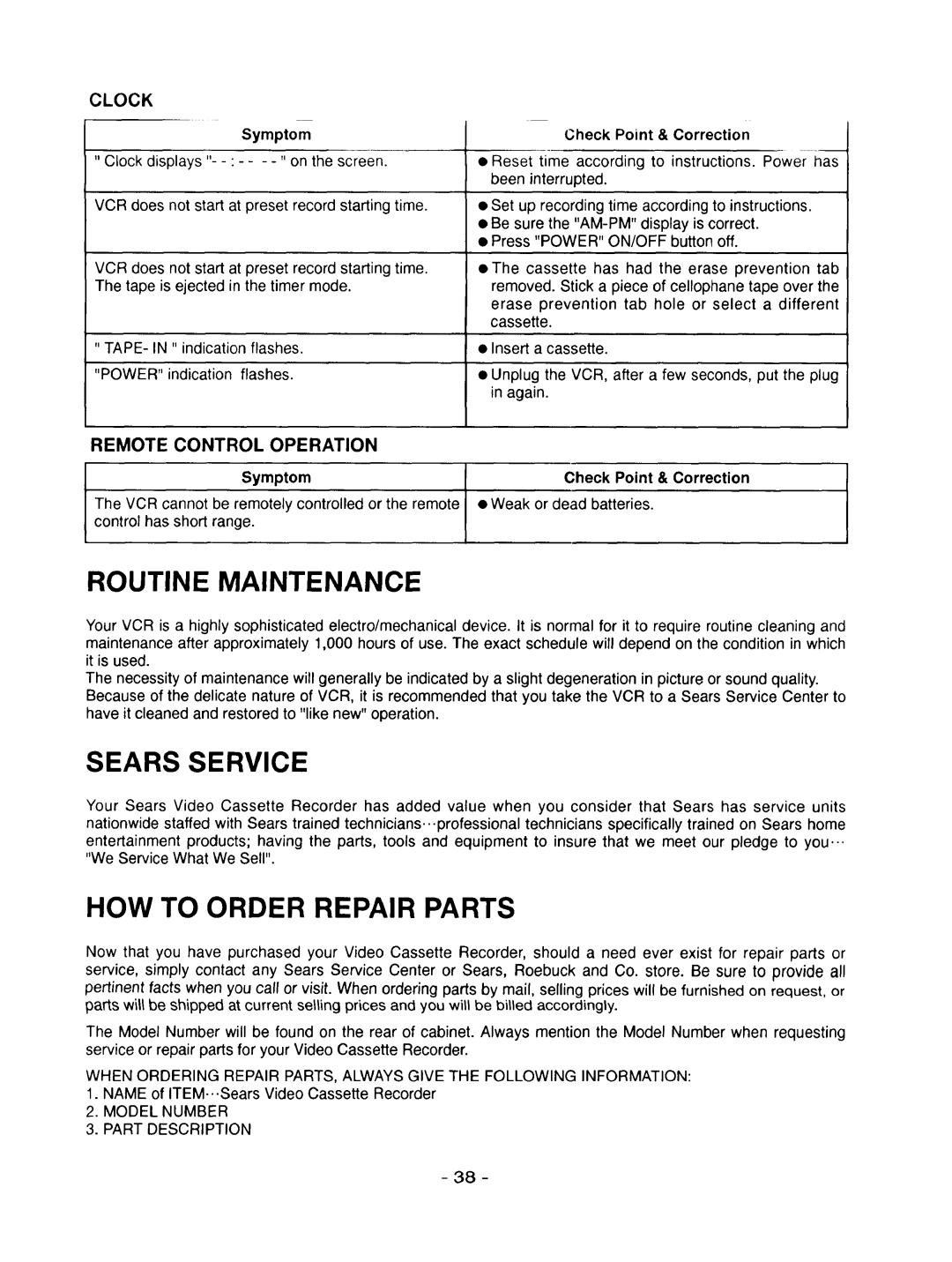 Goldstar R-E21M Routine Maintenance, Sears Service, HOW to Order Repair Parts, Symptom Check Point & Correction 