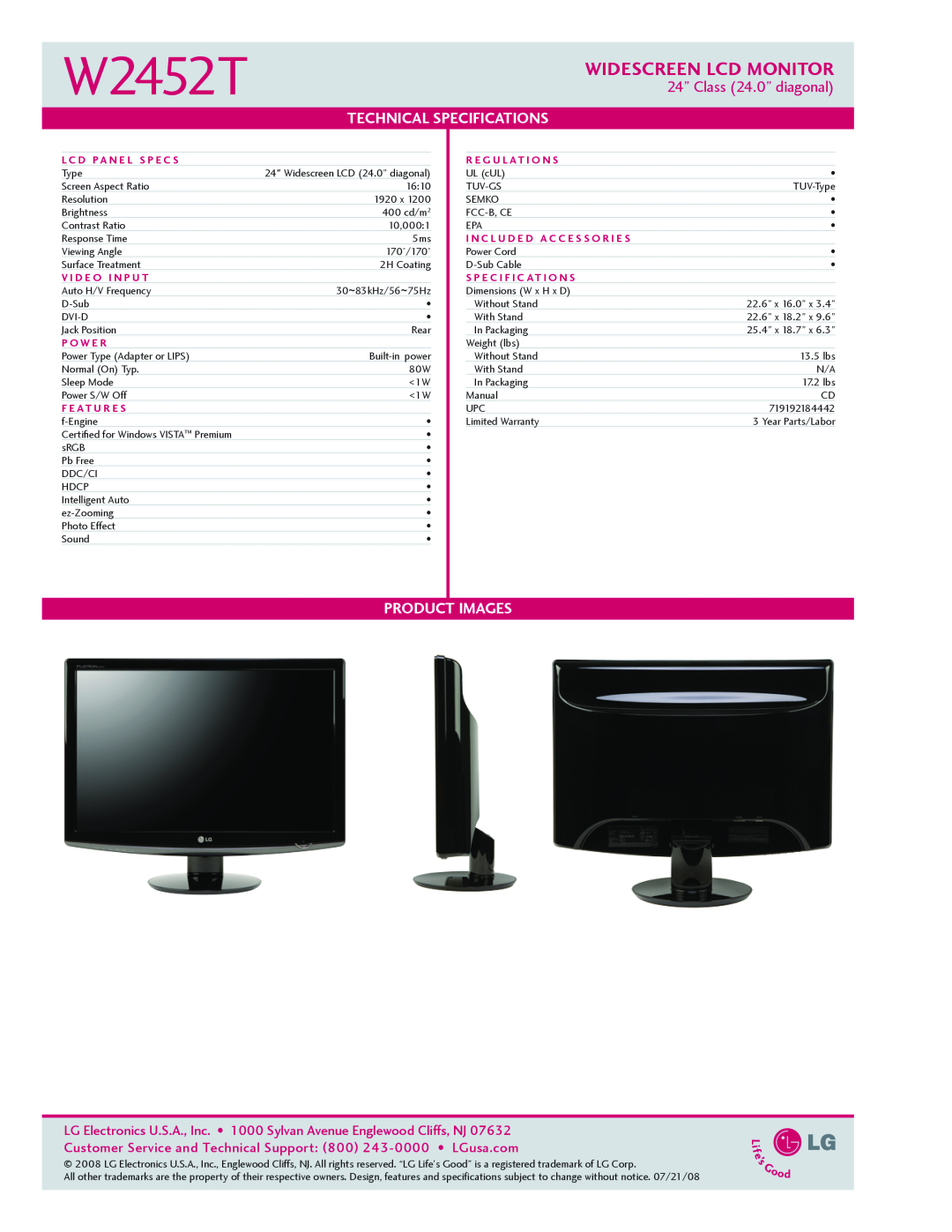 Goldstar W2452T Widescreen LCD Monitor, 24” Class 24.0” diagonal, Technical specifications, Product Images, P o w e r 