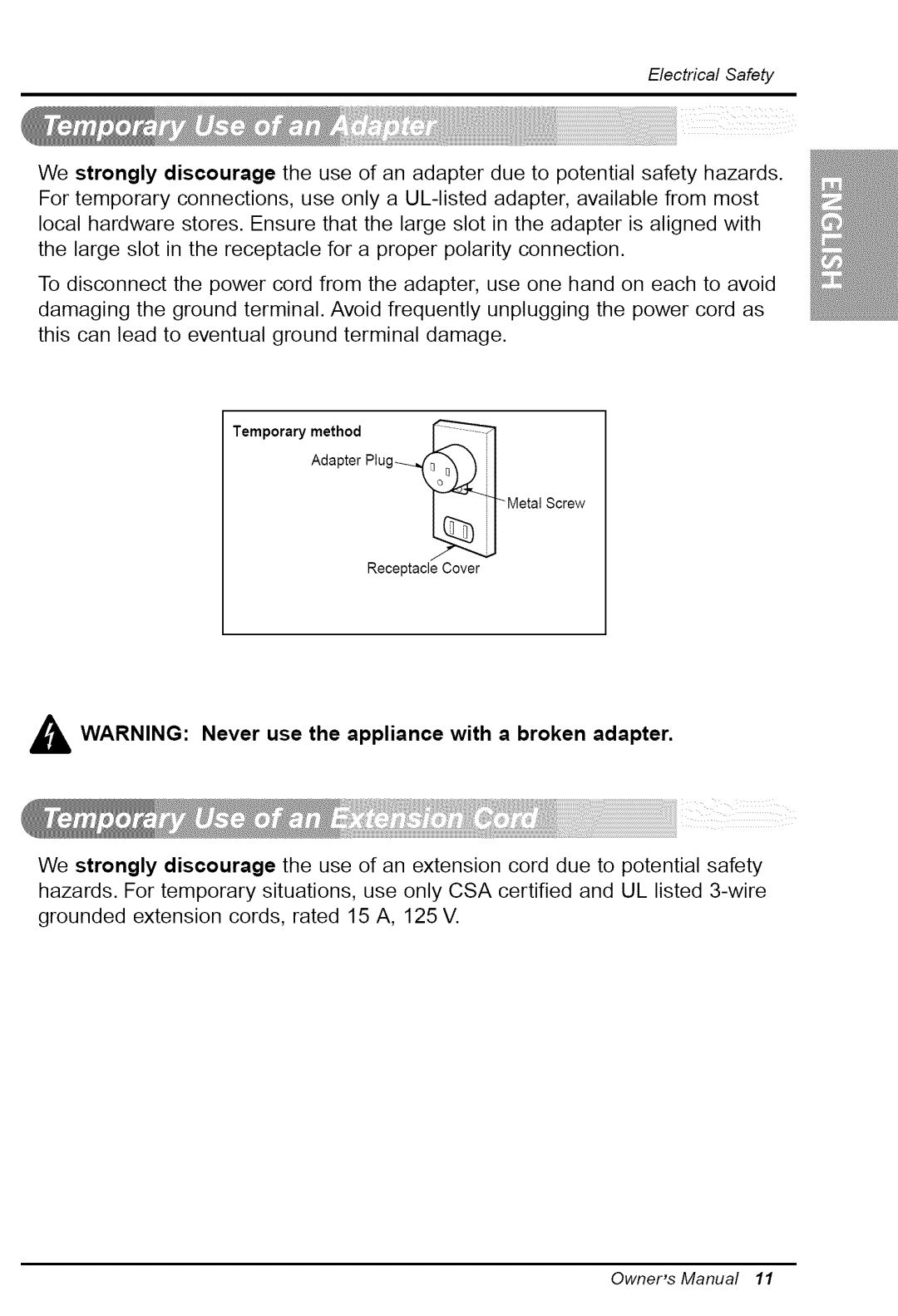 Goldstar WG5005R owner manual Temprary Aihpd P,ug Metat Screw Receptacle Cover 