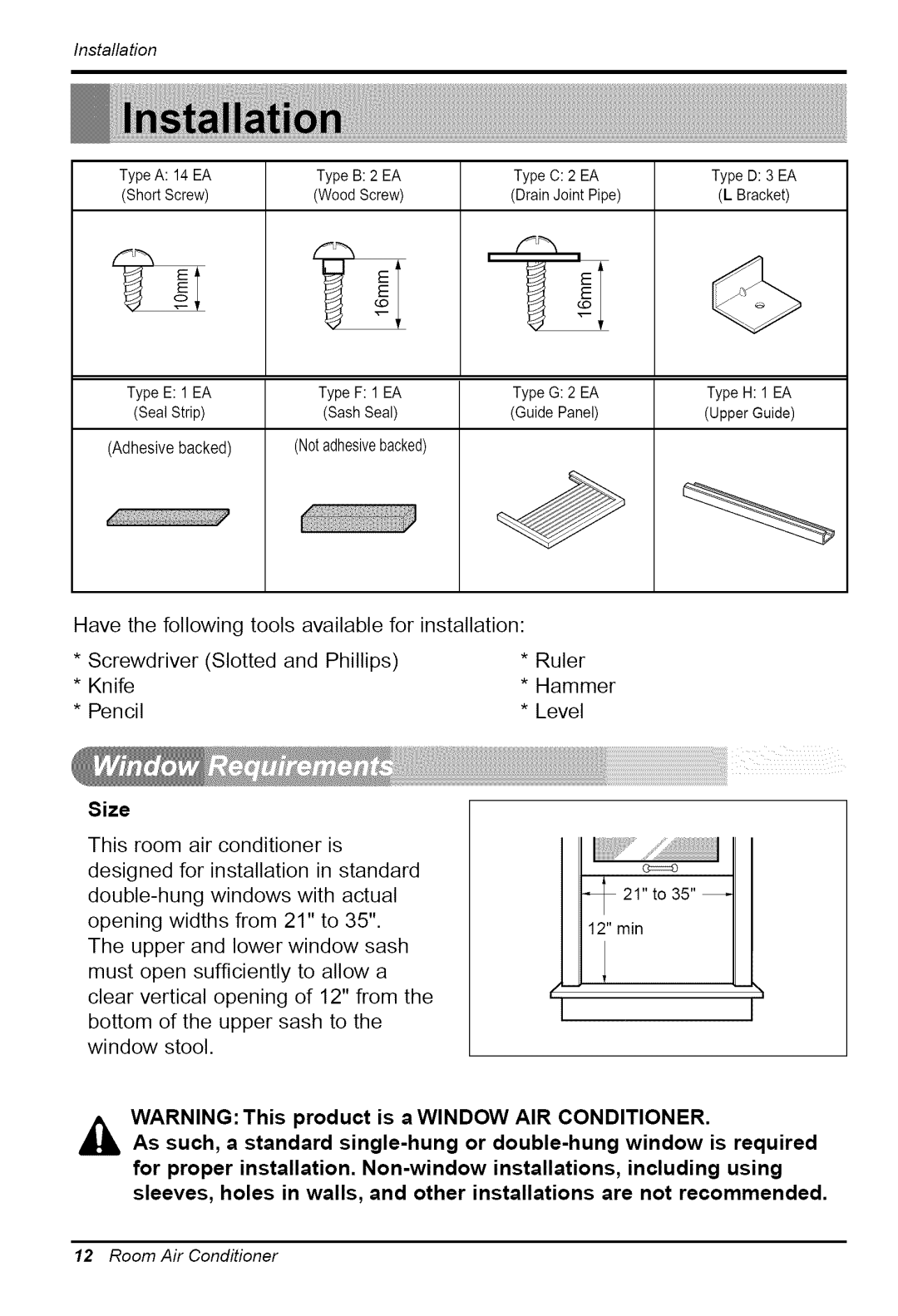 Goldstar WG5005R owner manual Installation, Size 