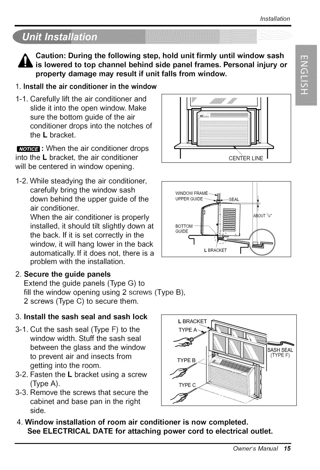 Goldstar WG5005R Install the air conditioner in the window, Secure the guide panels, Install the sash seal and sash lock 