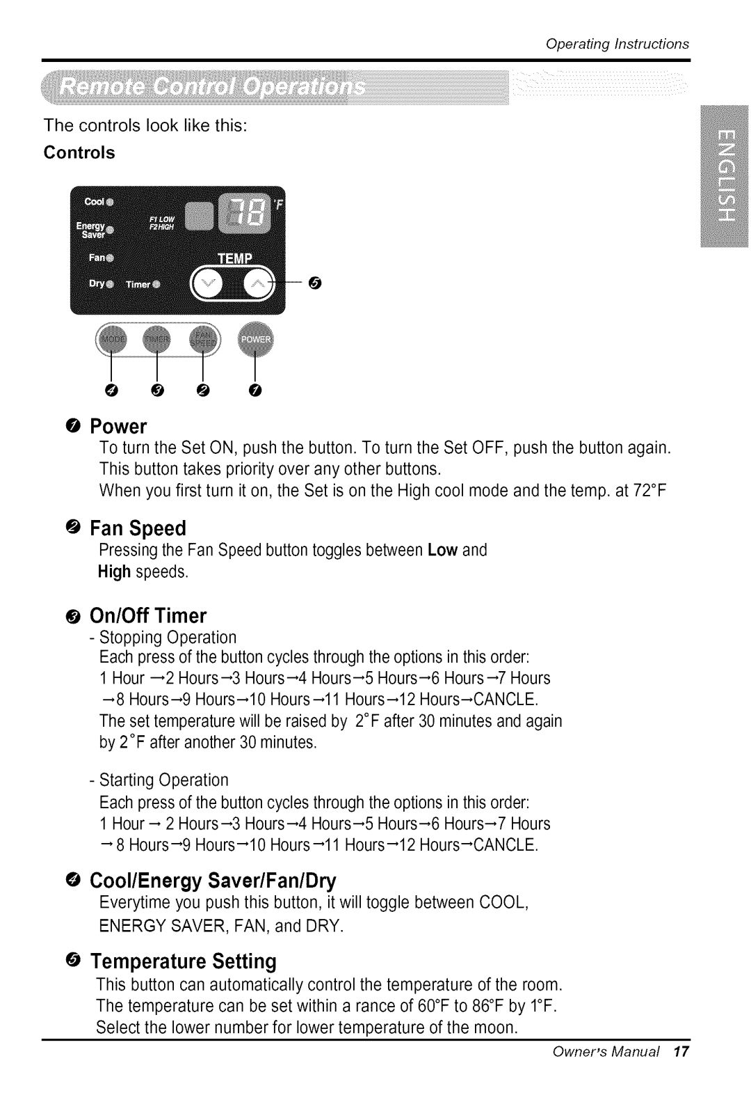 Goldstar WG5005R owner manual OperatingInstructions, Fan Speed, On/Off Timer, Temperature Setting, Controls Power 