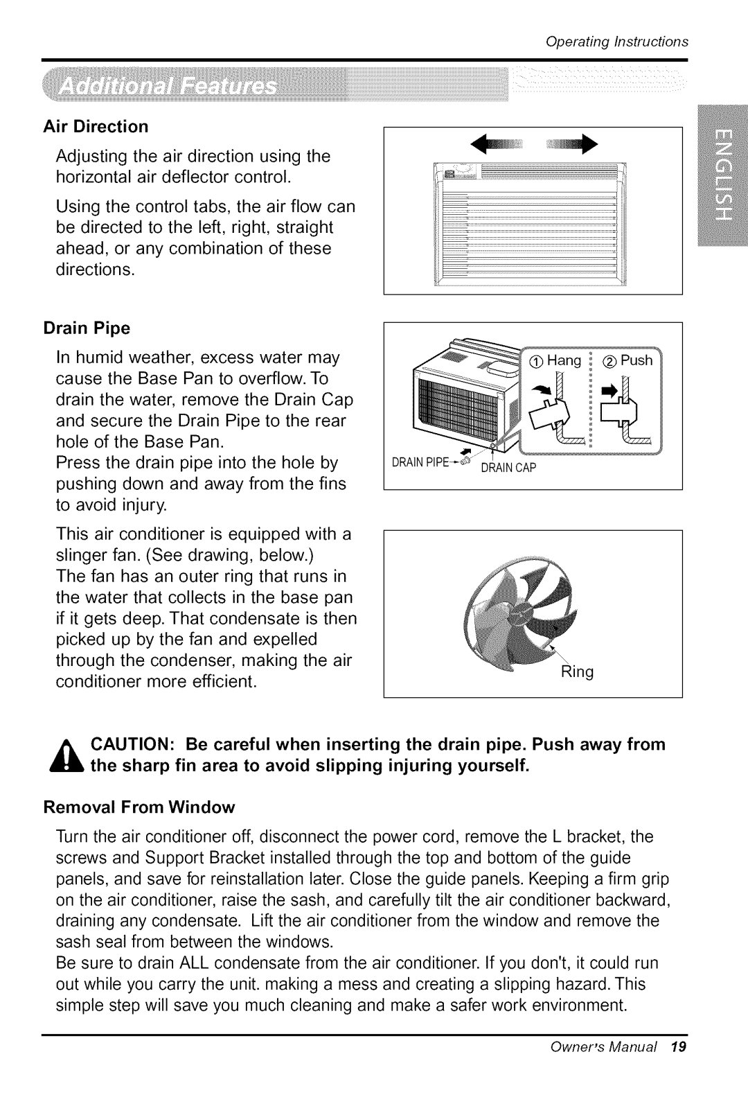 Goldstar WG5005R owner manual Air Direction, Drain Pipe 