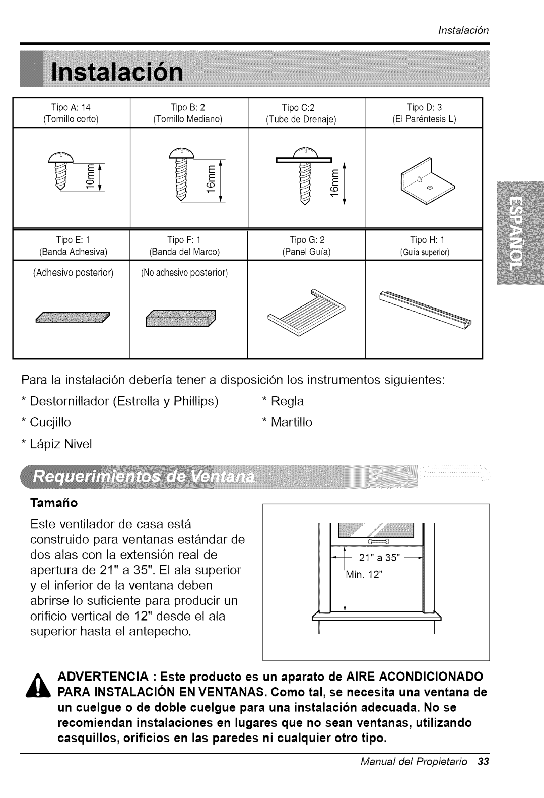 Goldstar WG5005R owner manual Tamafio, Instalacion 