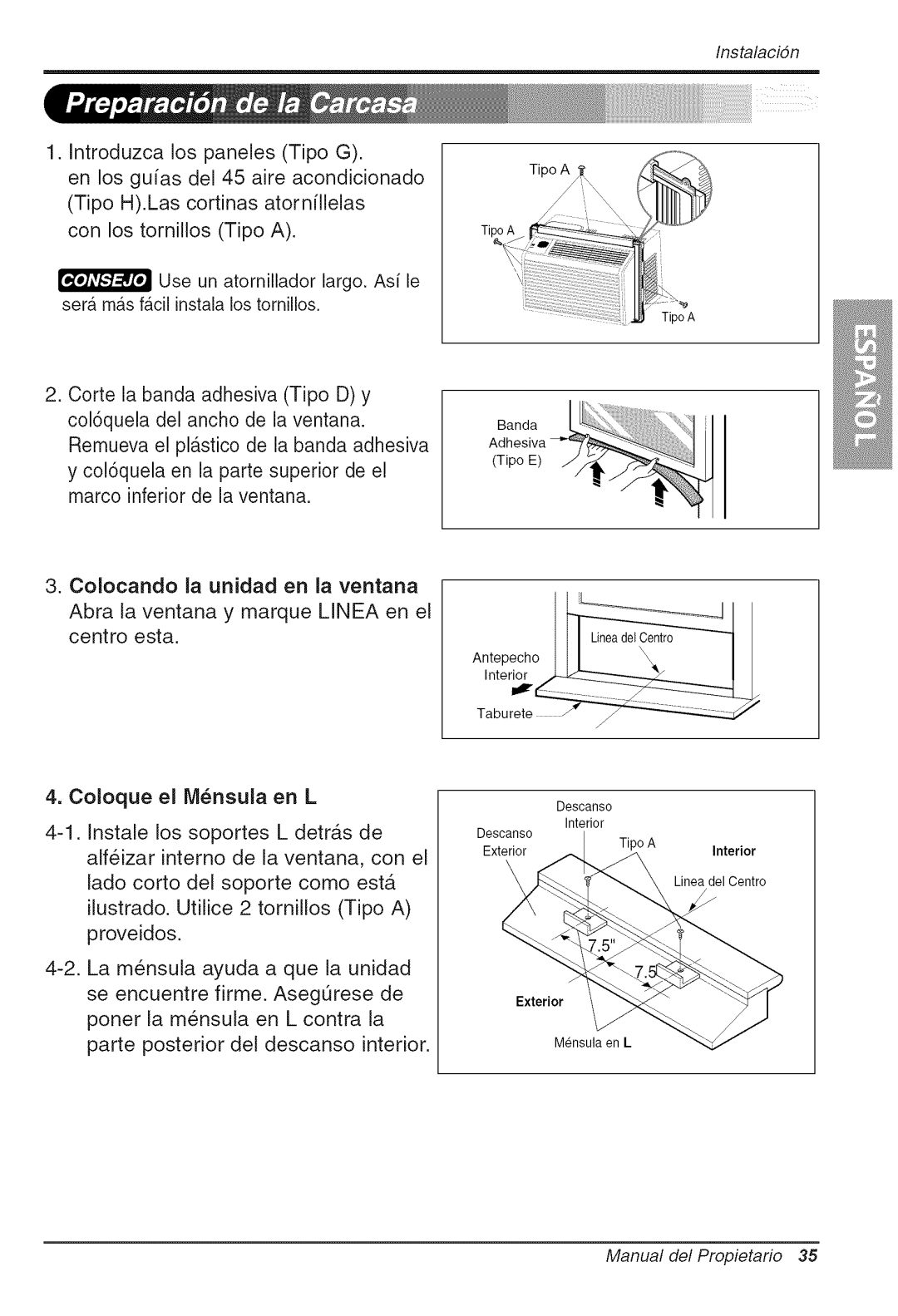 Goldstar WG5005R owner manual Instalacidn, ¢olocando la unidad en la ventana, Coloque el Mnsula en L 