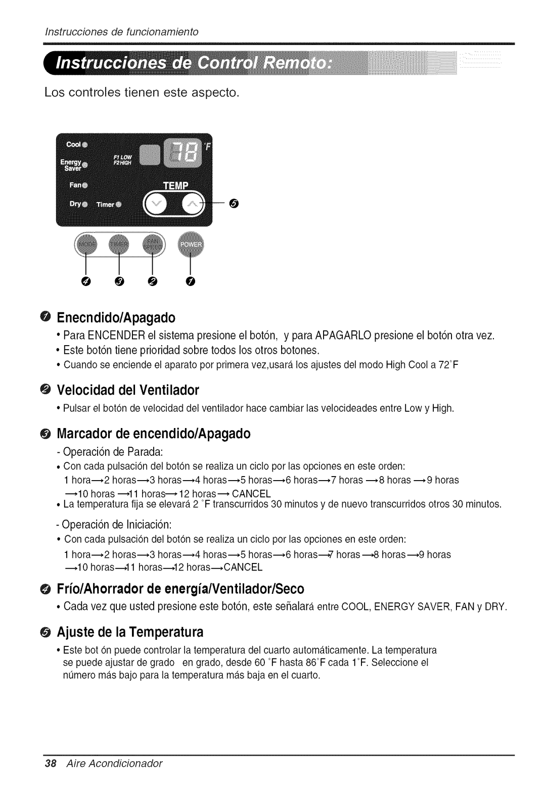 Goldstar WG5005R Marcadorde encendido/Apagado, @ Frio/Ahorradorde energia/Ventilador/Seco, Ajuste de la Temperatura 