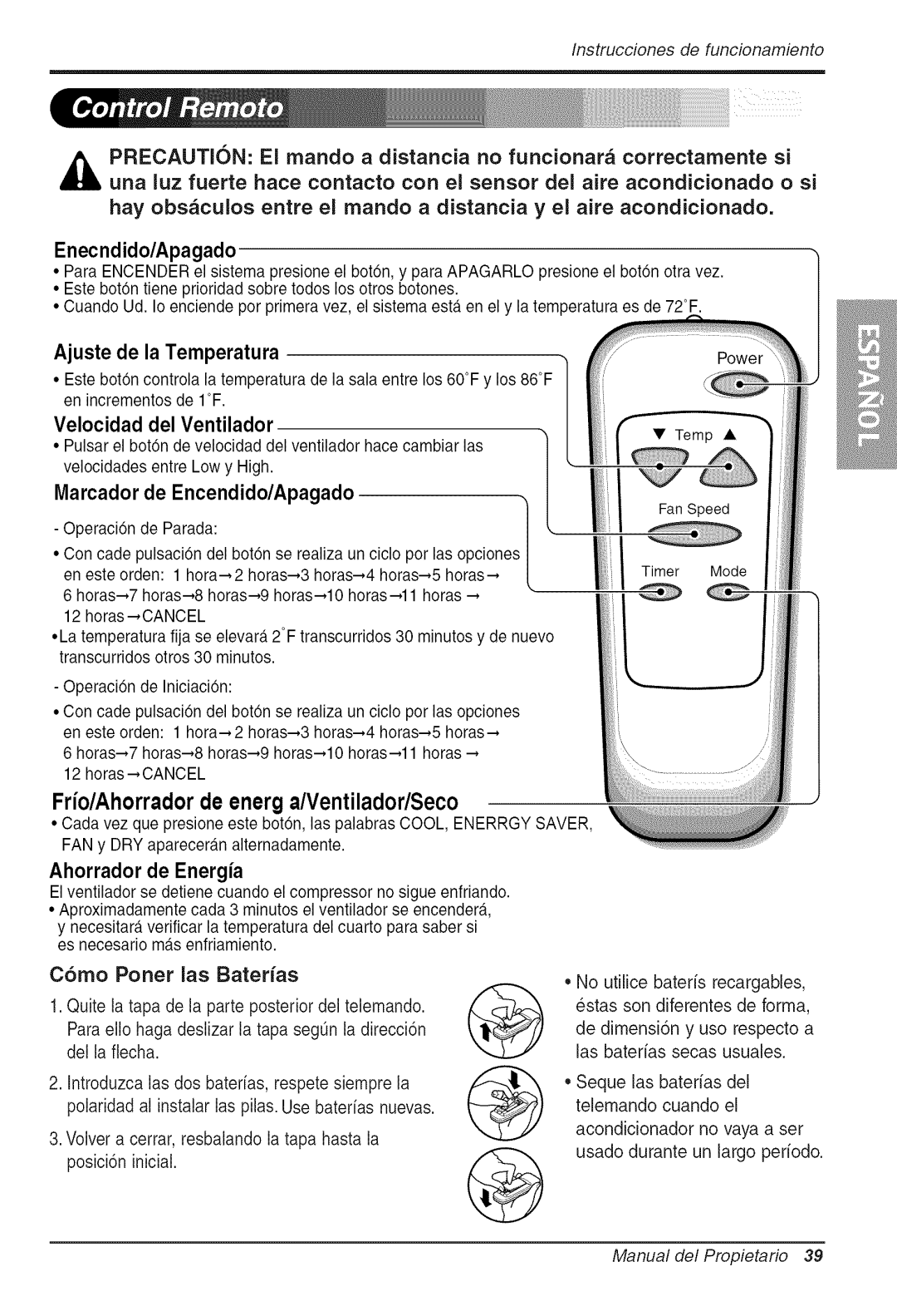 Goldstar WG5005R owner manual Frio/Ahorradorde energ a/Ventilador/Seco, Enecndido/Apagado, Ajuste de la Temperatura 