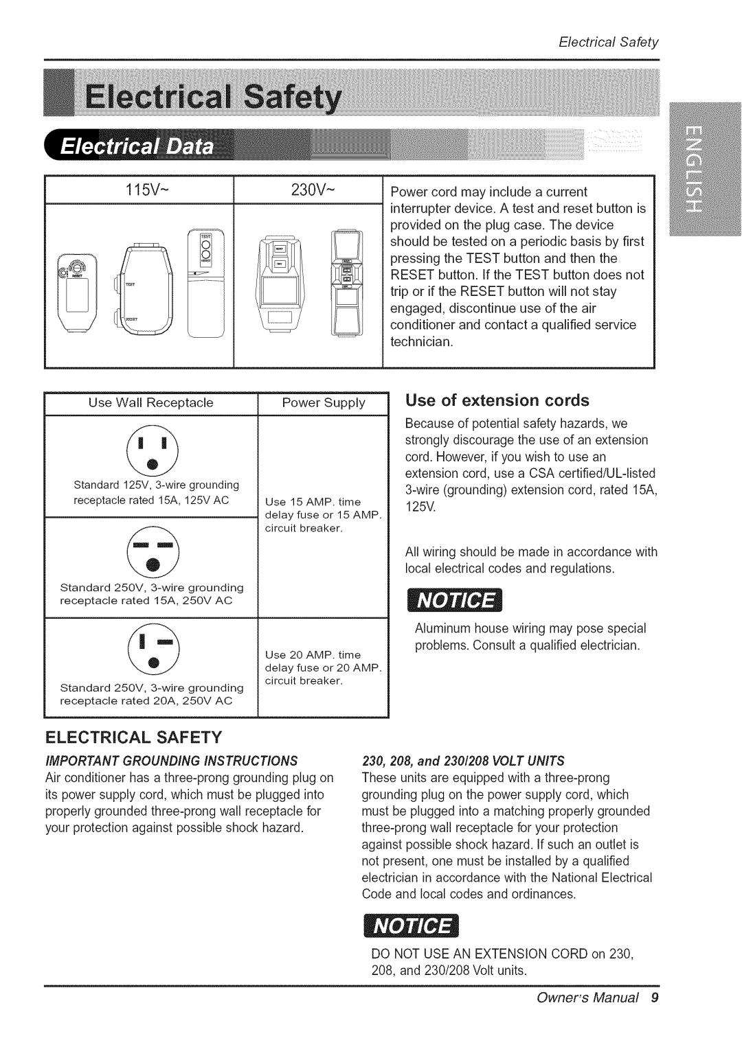 Goldstar WG5005R owner manual EctricalSafety, Use of extension cords 