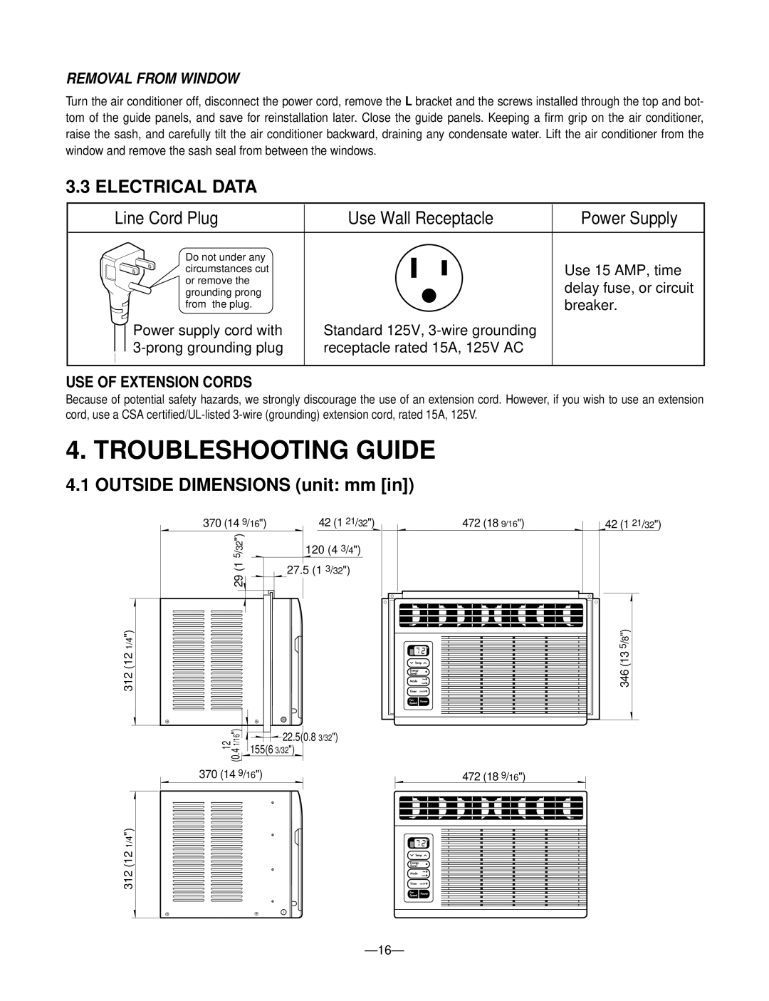 Goldstar M5403R, WM-6011, M6003R, M5203L, M5203R, LWC061JGMK1 Troubleshooting Guide, Electrical Data, USE of Extension Cords 