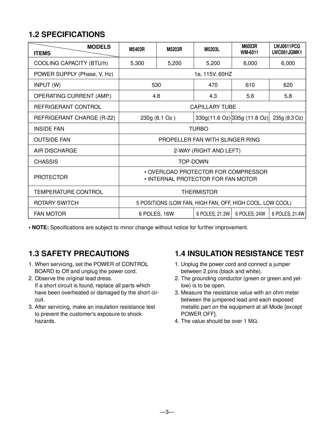 Goldstar M5203L, WM-6011, M6003R, M5403R Specifications, Safety Precautions, Insulation Resistance Test, Models, Items 