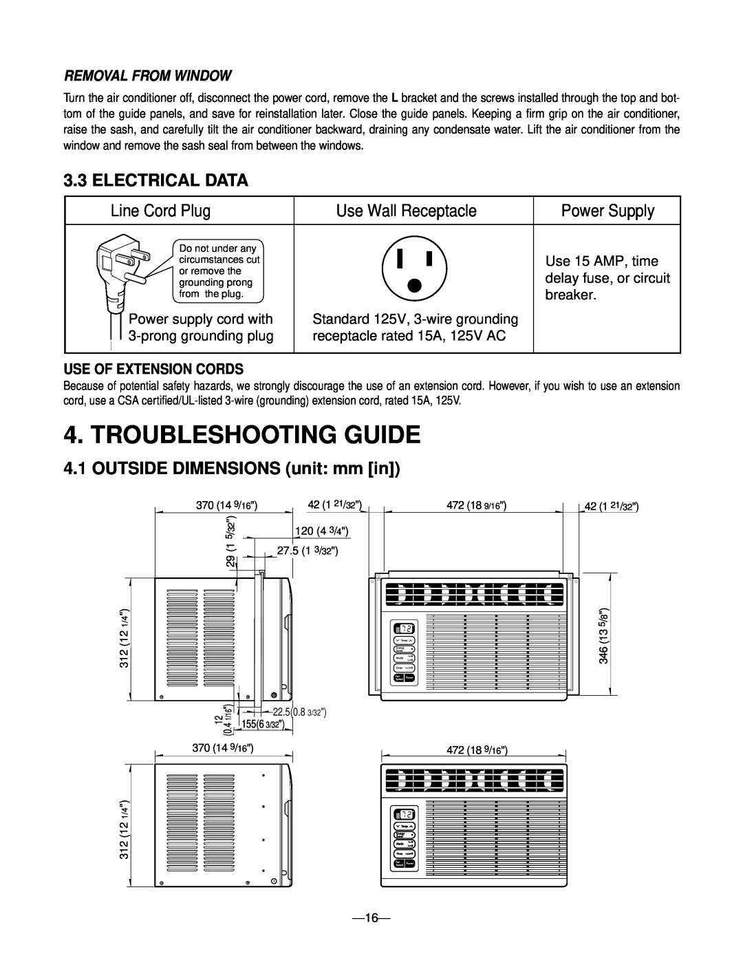 Goldstar M5403R Troubleshooting Guide, Electrical Data, OUTSIDE DIMENSIONS unit mm in, Removal From Window, breaker 